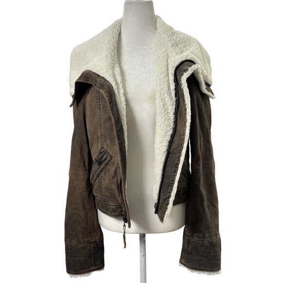 Women Small Sherpa Lined Faux Leather Aviator Bomber Jacket Brown Winter - Picture 2 of 10